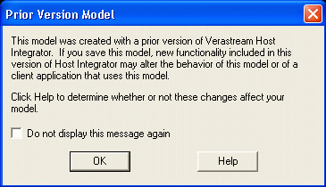 Figure 1. Prior Version Model: 'This model was created with a prior version of Verastream Host Integrator....'
