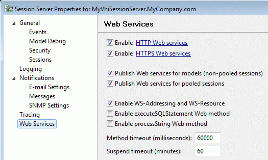 Figure 1. Administrative Console: Session Server Properties > Web Services