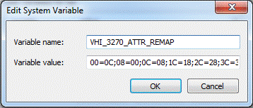 Figure 1. Windows system variable VHI_3270_ATTR_REMAP is set to 00=0C;08=00;0C=08;1C=18;2C=28;3C=38;