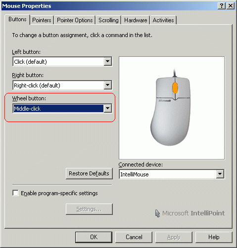 Figure 3. Configuring middle mouse button function in Microsoft IntelliPoint utility