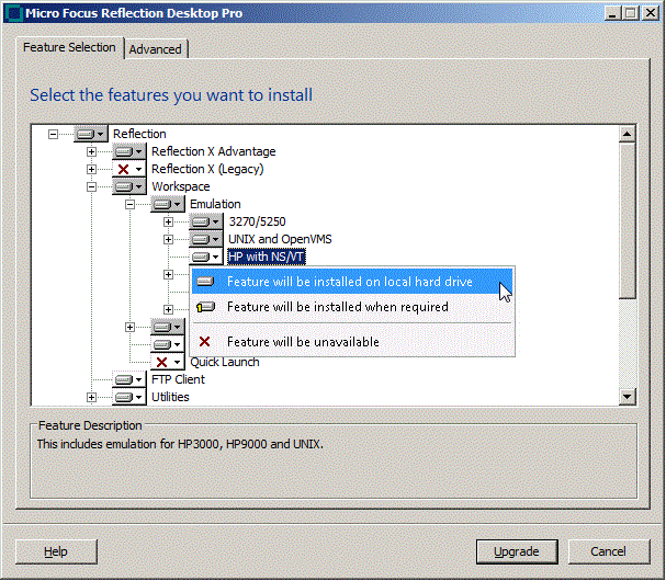 Figure 1. HP feature selection in Reflection Desktop or InfoConnect Desktop Setup.